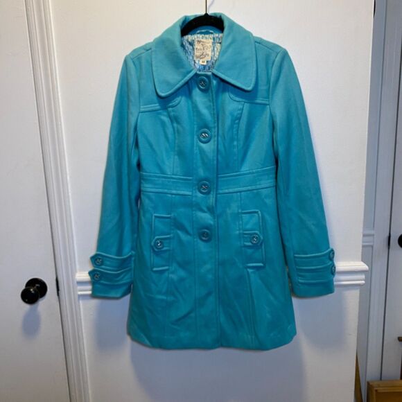 Retro Mod Quiet Luxury Classic Anthropologie Tulle Wool Peacoat Tiffany Blue M - Picture 1 of 14